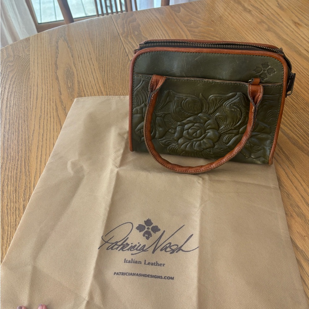 Patricia Nash Olive Green and Brown Floral Tooled Leather Satchel